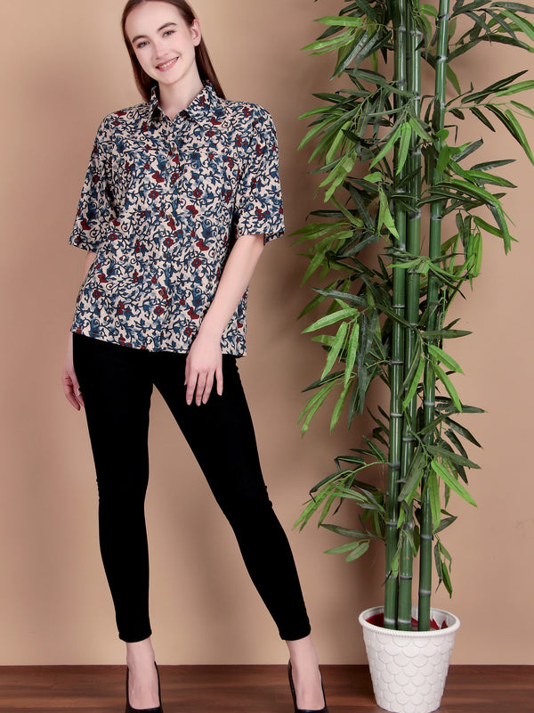 Miramaar Women's Cotton Spread Collar Blue Printed Top