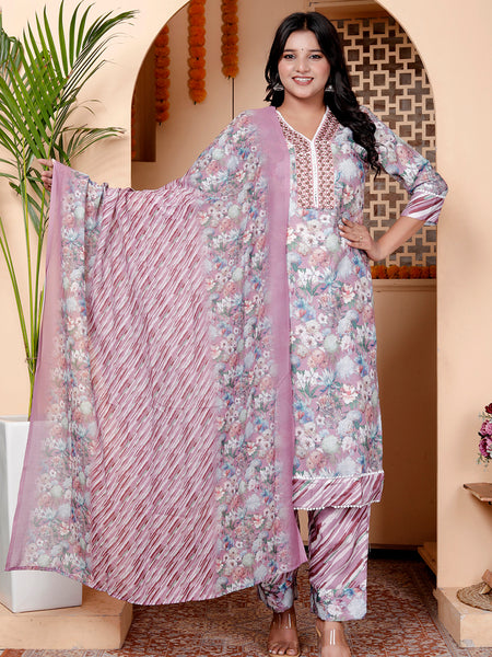 Miramaar Women's Multicolor Printed Linen Straight Kurta Dupatta Set
