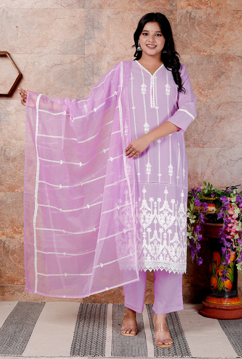Miramaar Women's Purple Straight Embroidered Kurta Pant Dupatta Set