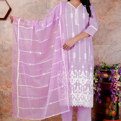 Miramaar Women's Purple Straight Embroidered Kurta Pant Dupatta Set