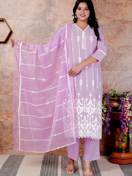 Miramaar Women's Purple Straight Embroidered Kurta Pant Dupatta Set
