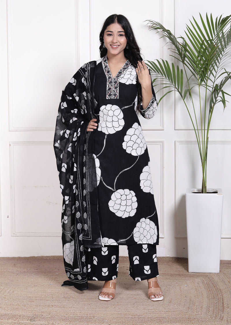 Miramaar Women's Black Straight Printed Kurta Pant Dupatta Set