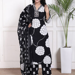 Miramaar Women's Black Straight Printed Kurta Pant Dupatta Set