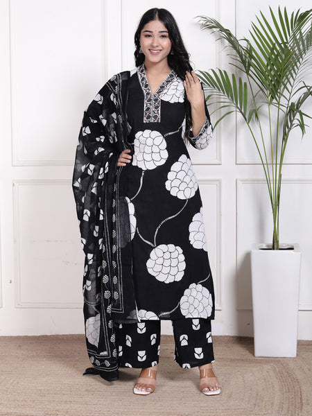 Miramaar Women's Black Straight Printed Kurta Pant Dupatta Set