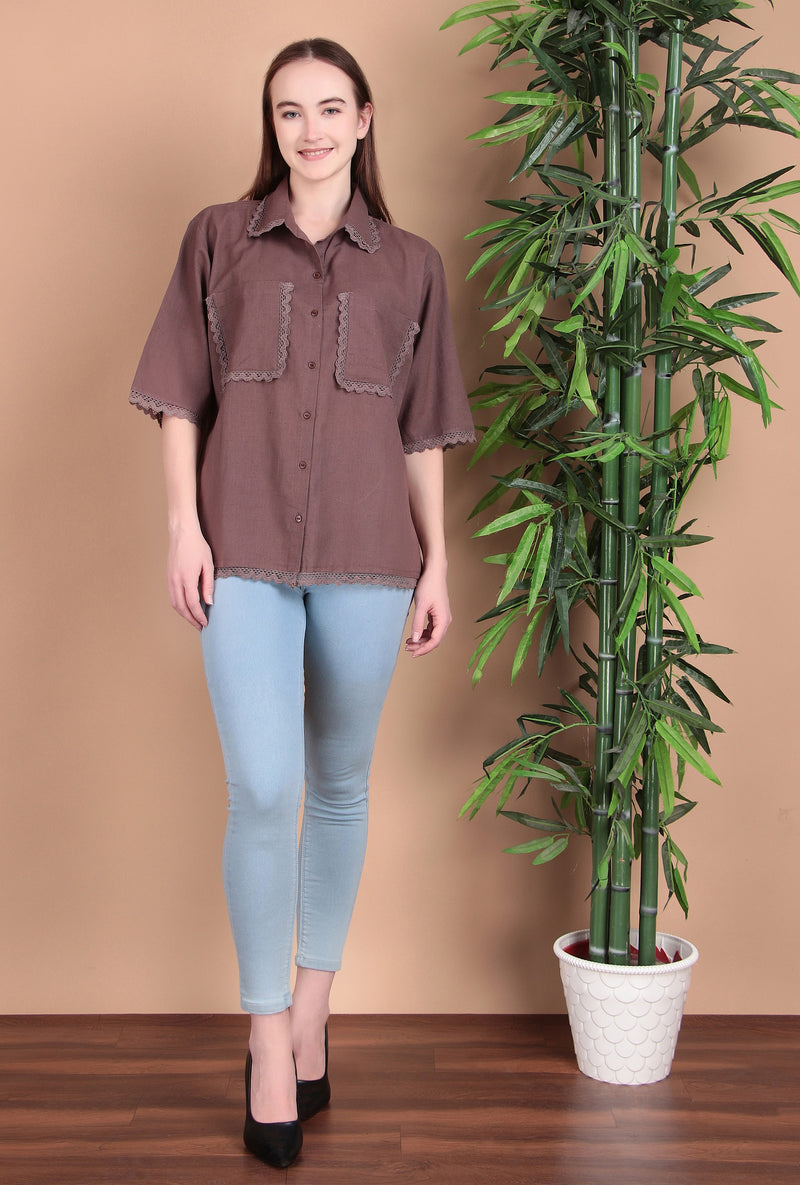 Miramaar Women's Cotton Flex Spread Collar Brown Solid Lace Work Top