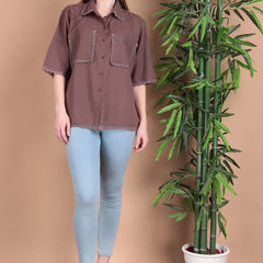 Miramaar Women's Cotton Flex Spread Collar Brown Solid Lace Work Top