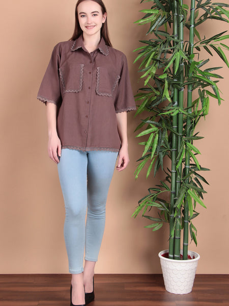 Miramaar Women's Cotton Flex Spread Collar Brown Solid Lace Work Top