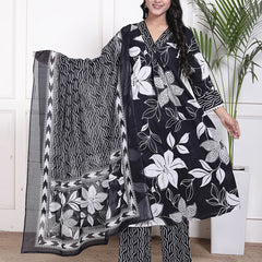 Miramaar Women's Black Cotton A-Line Kurta Set with Dupatta, Floral Print & Adda Work