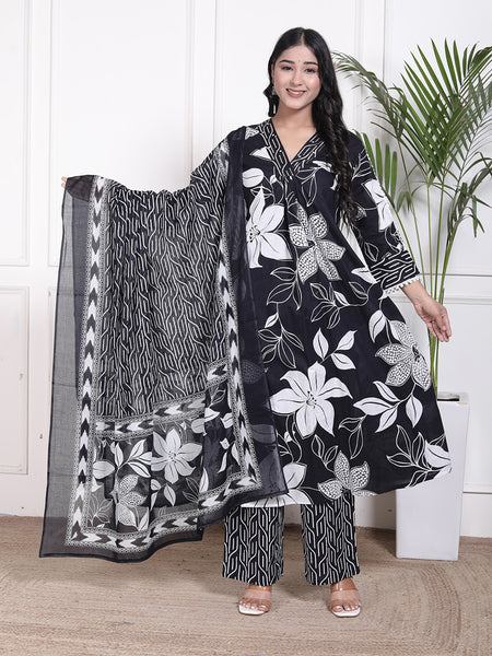 Miramaar Women's Black Cotton A-Line Kurta Set with Dupatta, Floral Print & Adda Work