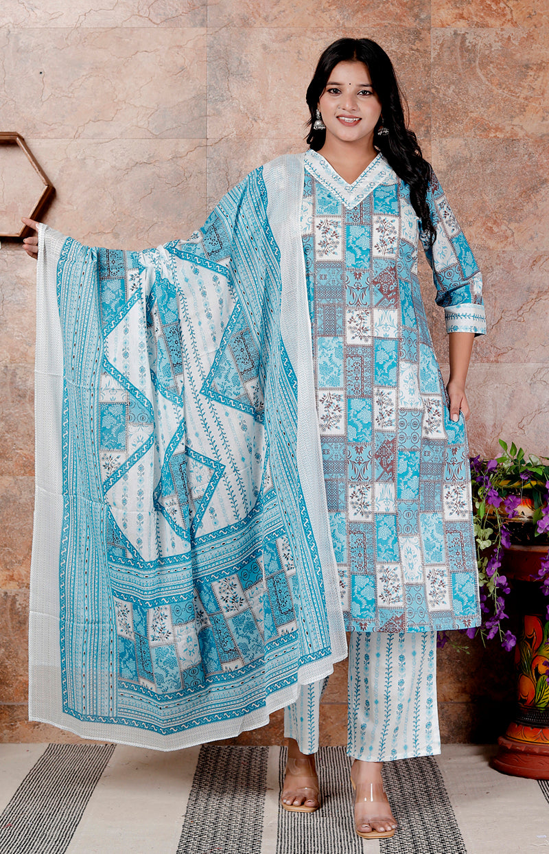 Miramaar Women's Blue Cotton Adda Work Straight Kurta Dupatta Set