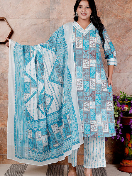 Miramaar Women's Blue Cotton Adda Work Straight Kurta Dupatta Set