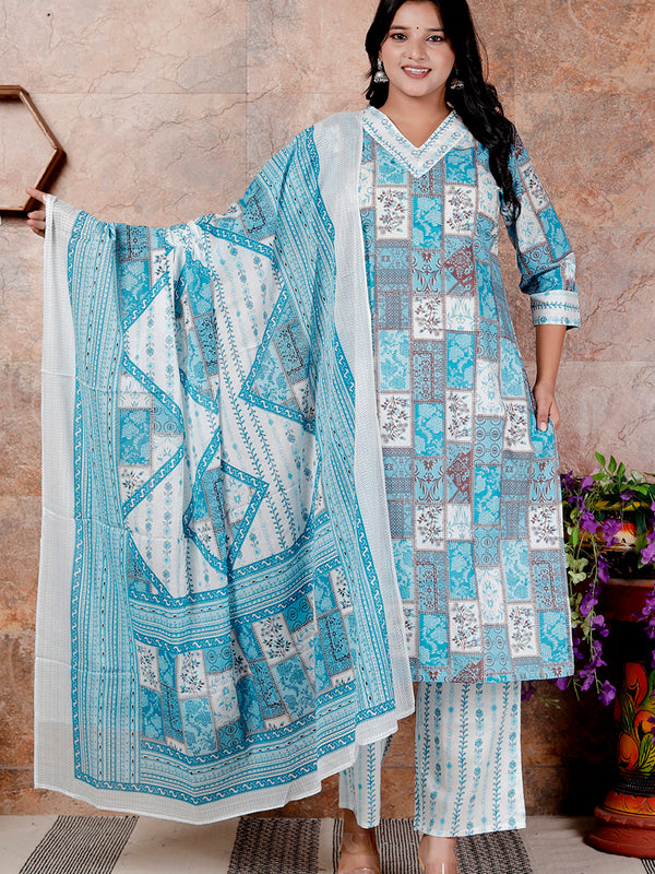 Miramaar Women's Blue Cotton Adda Work Straight Kurta Dupatta Set