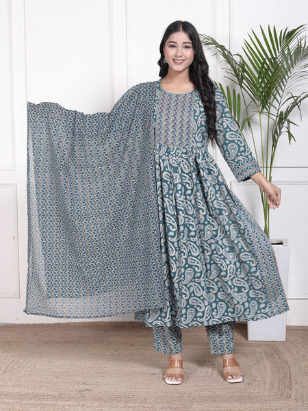 Miramaar Women's Green Printed Rayon A-line Embroidered Salwar Suit Set