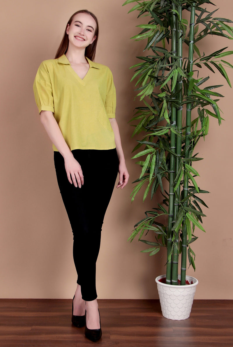 Miramaar Women's Cotton Flex Solid Lime Green Regular Top