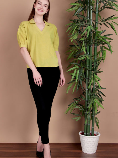 Miramaar Women's Cotton Flex Solid Lime Green Regular Top