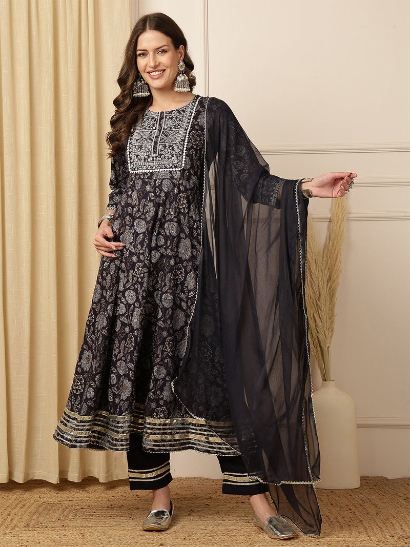 Miramaar Women's Black Foil Printed Rayon Embroidered Anarkali Kurti