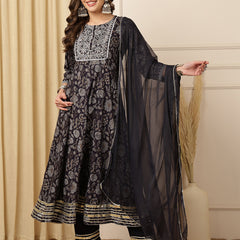 Miramaar Women's Black Foil Printed Rayon Embroidered Anarkali Kurti