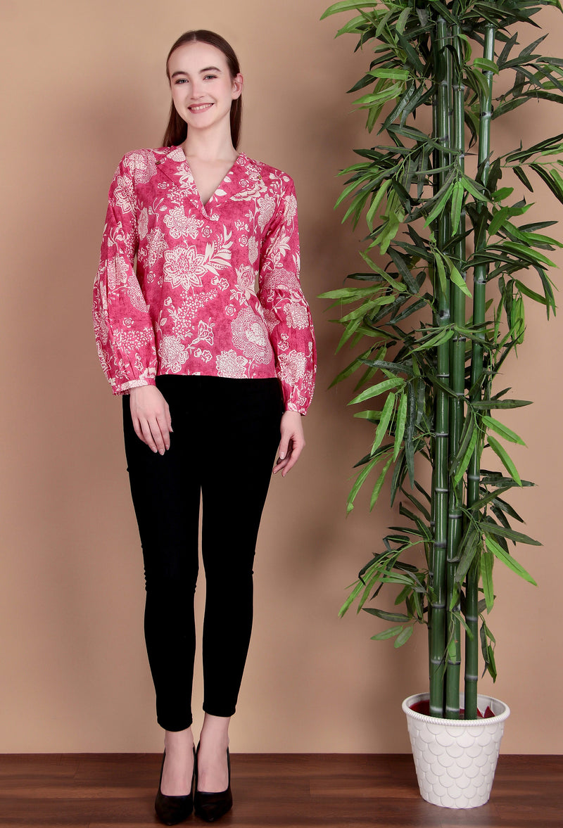 Miramaar Women's Cotton V-Neck Pink Printed Top