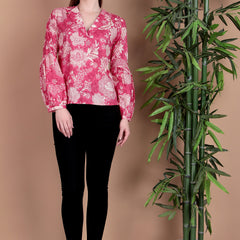 Miramaar Women's Cotton V-Neck Pink Printed Top