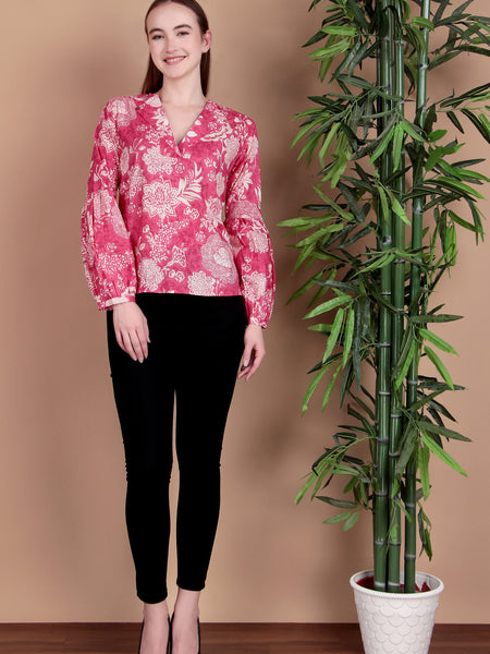 Miramaar Women's Cotton V-Neck Pink Printed Top