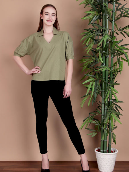 Miramaar Women's Cotton Flex Solid Green Regular Top