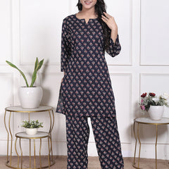 Miramaar Women's Navy Blue Printed Rayon Coord Set