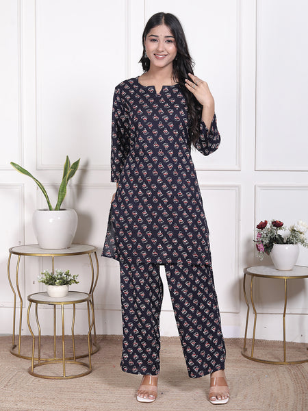 Miramaar Women's Navy Blue Printed Rayon Coord Set