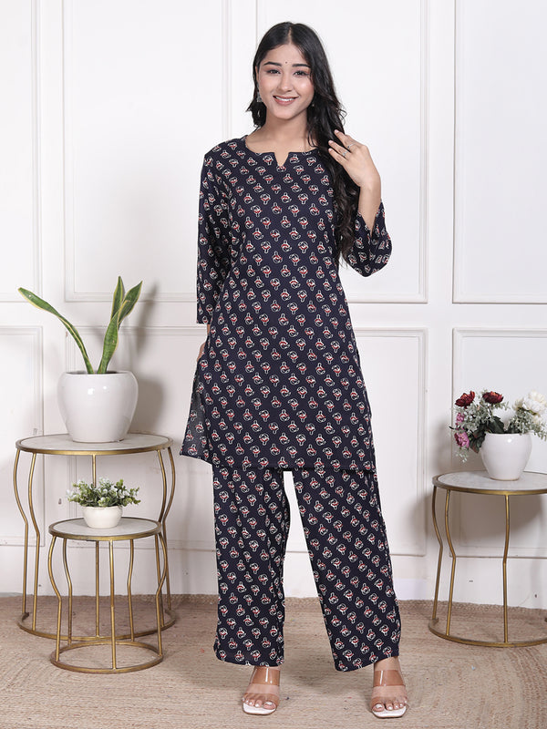Miramaar Women's Navy Blue Printed Rayon Coord Set