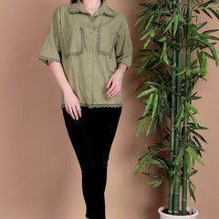 Miramaar Women's Cotton Flex Spread Collar Olive Green Solid Lace Work Top