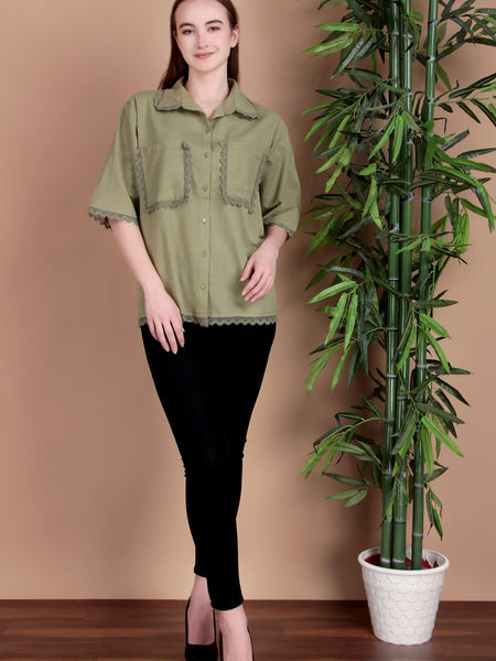 Miramaar Women's Cotton Flex Spread Collar Olive Green Solid Lace Work Top