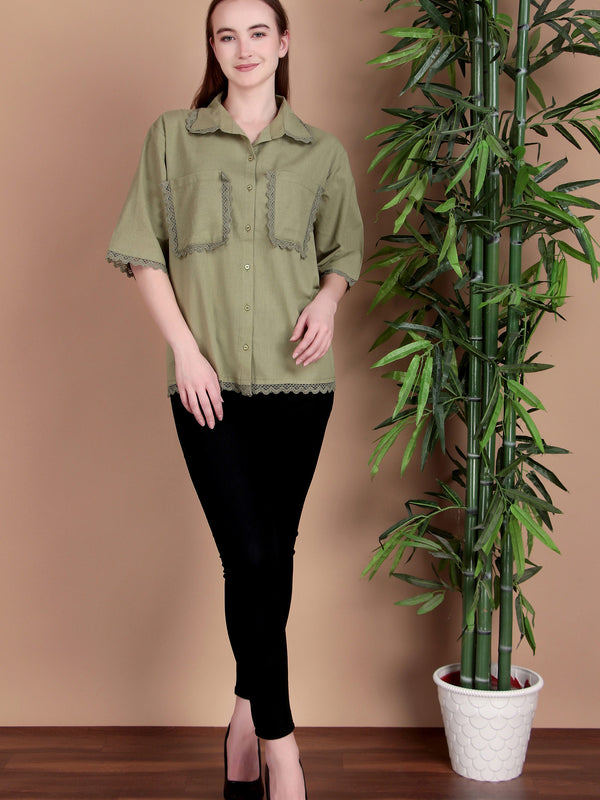 Miramaar Women's Cotton Flex Spread Collar Olive Green Solid Lace Work Top