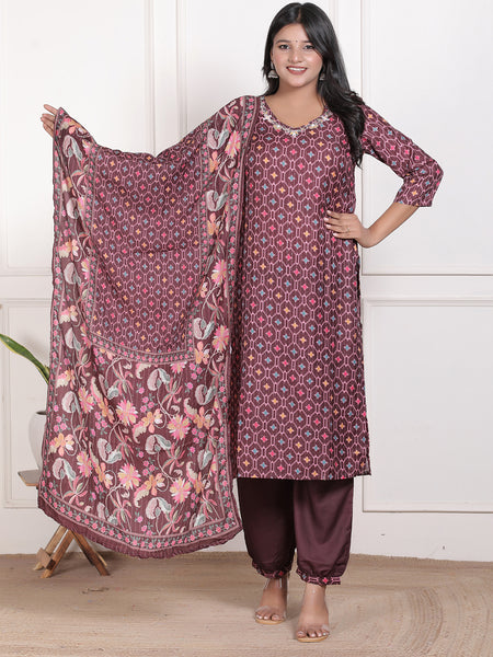 Miramaar Women's Maroon Muslin Adda Work Straight Kurta Set with Dupatta