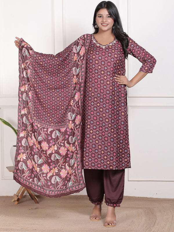 Miramaar Women's Maroon Muslin Adda Work Straight Kurta Set with Dupatta