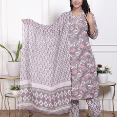 Miramaar Women's Brown Printed Cotton V-Neck Straight Kurta Pant with Dupatta