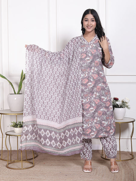 Miramaar Women's Brown Printed Cotton V-Neck Straight Kurta Pant with Dupatta