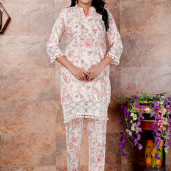 Miramaar Women's Off White Cotton Mandarin Collar Printed Coord Set