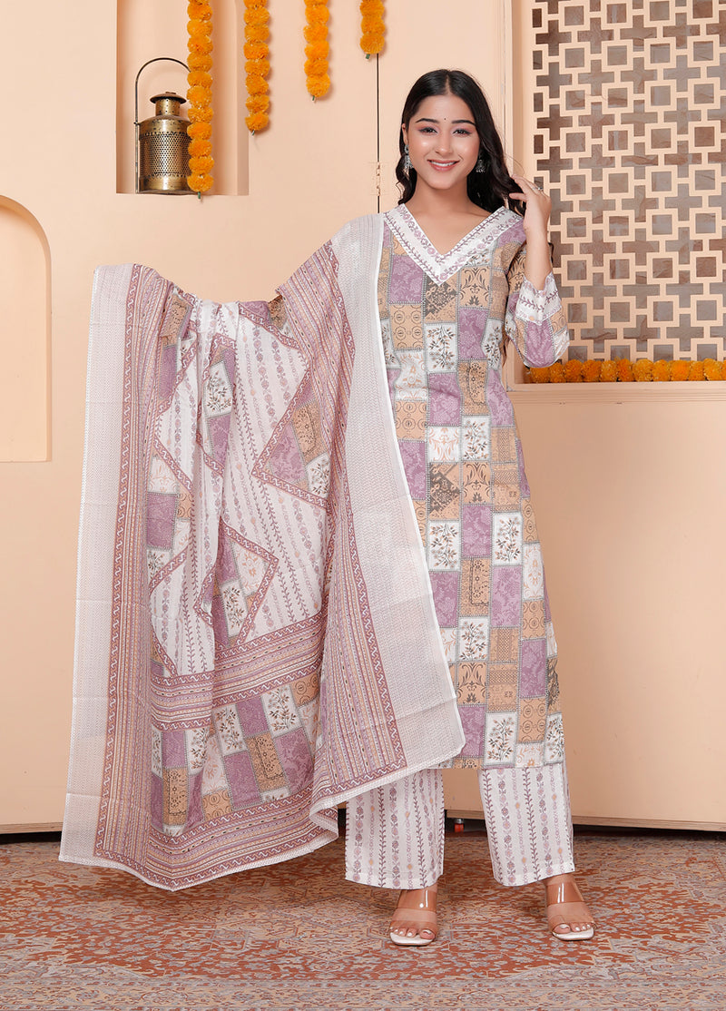 Miramaar Women's Printed Cotton V-Neck Straight Kurta Set with Dupatta