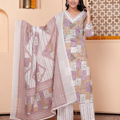 Miramaar Women's Printed Cotton V-Neck Straight Kurta Set with Dupatta