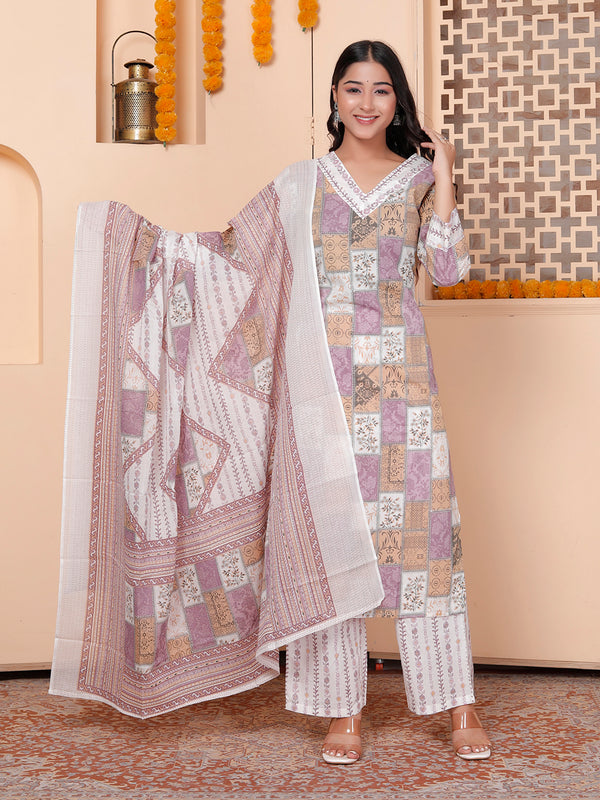 Miramaar Women's Printed Cotton V-Neck Straight Kurta Set with Dupatta