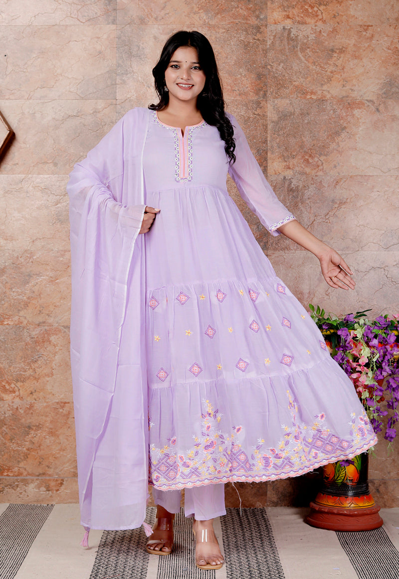Miramaar Women's Purple Anarkali Embroidered Kurta Pant Dupatta Set