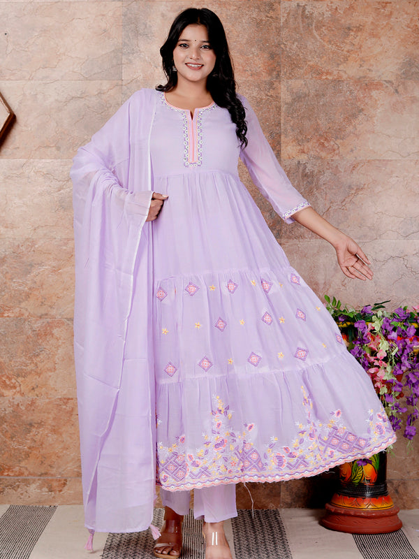 Miramaar Women's Purple Anarkali Embroidered Kurta Pant Dupatta Set