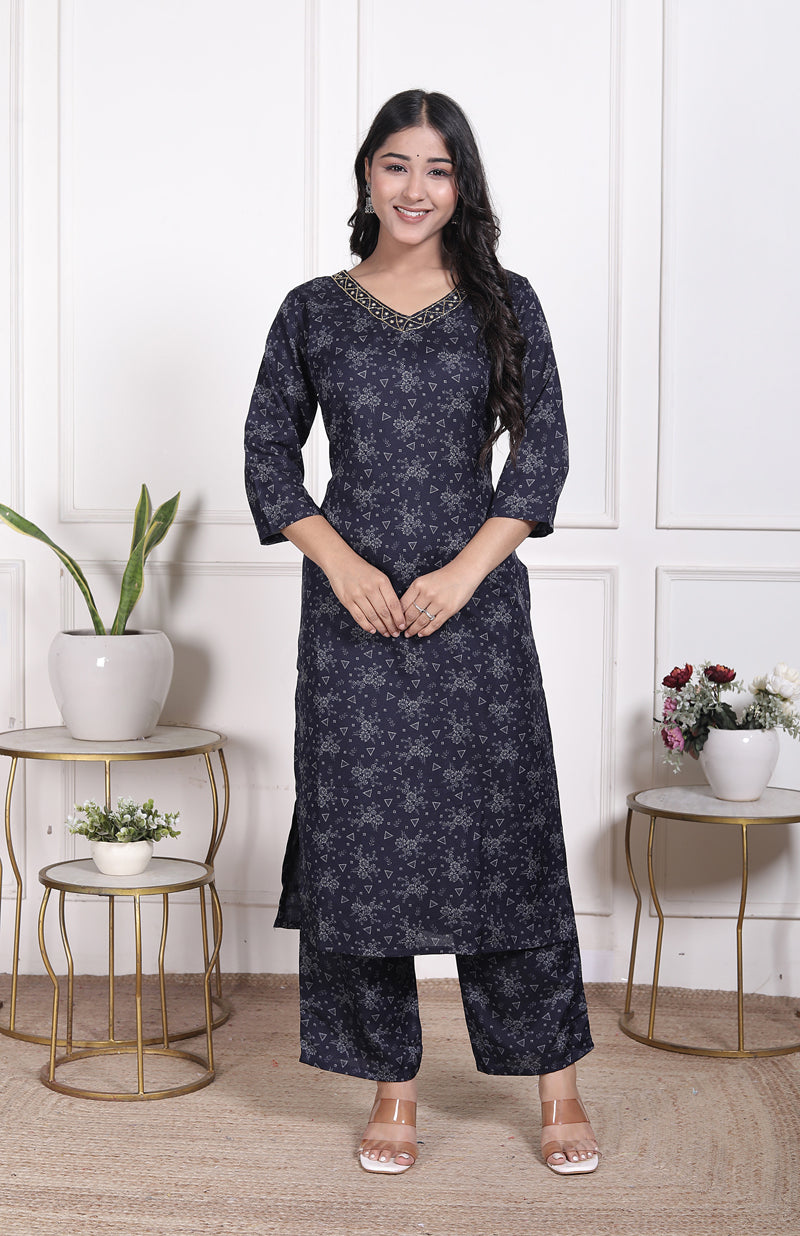 Miramaar Women's Black Cotton Poly Straight Kurta Set with Dupatta & Adda Work