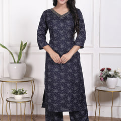 Miramaar Women's Black Cotton Poly Straight Kurta Set with Dupatta & Adda Work