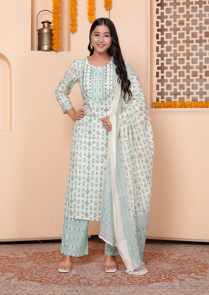 Miramaar Women's White & Green Round Neck Embroidered Straight Kurta Pant with Dupatta