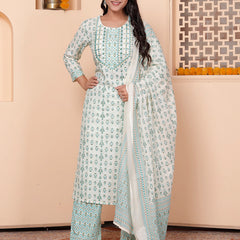 Miramaar Women's White & Green Round Neck Embroidered Straight Kurta Pant with Dupatta