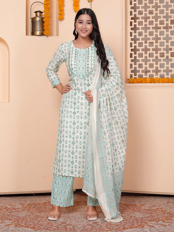 Miramaar Women's White & Green Round Neck Embroidered Straight Kurta Pant with Dupatta