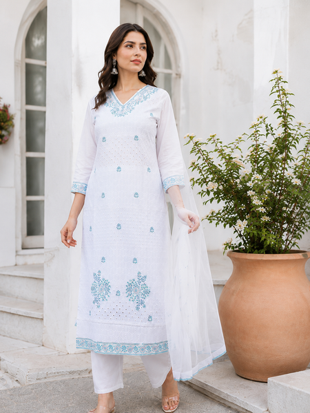 Miramaar Women's White Regal Ensemble Kurta & Dupatta Set