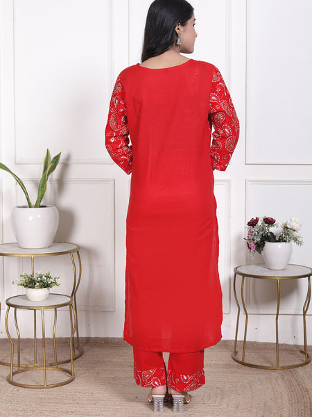 Miramaar Women's Red Cotton Straight V-Neck Kurta Set with Dupatta