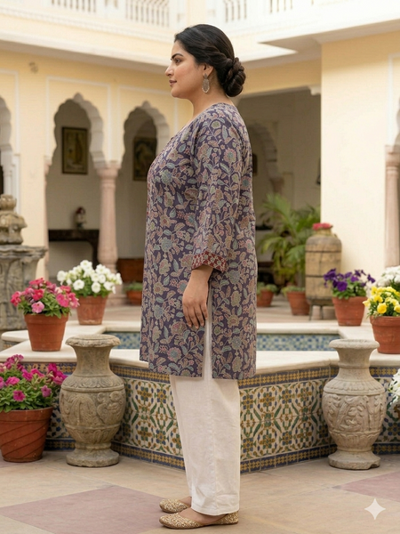 Miramaar Women's Purple Printed Cotton Short Kurti