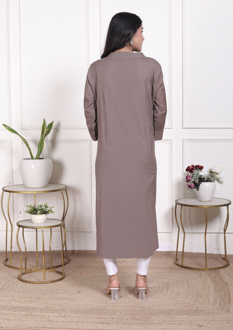 Miramaar Women's Cotton Brown Mandarin Collar Straight Kurti